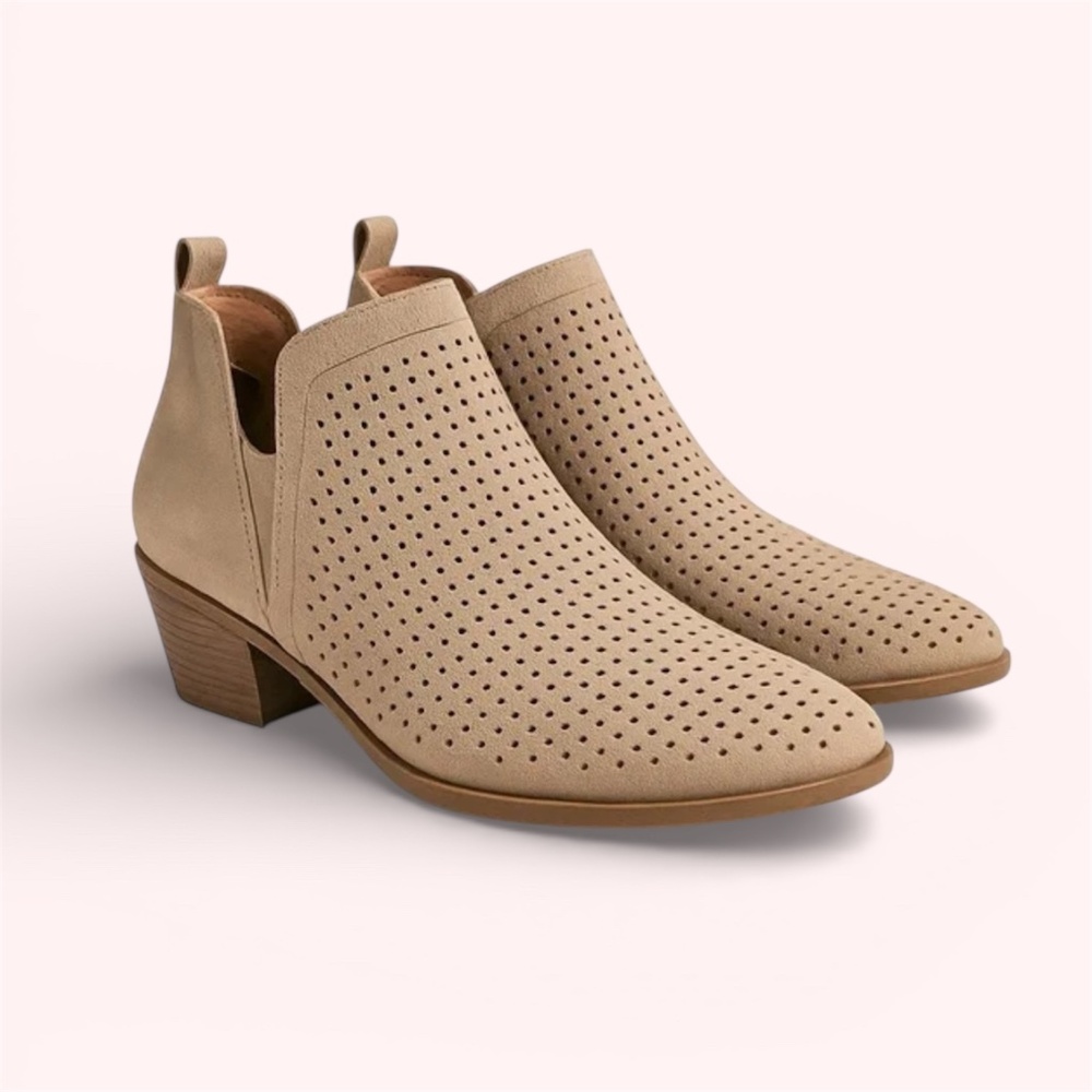 Chic Taupe Suede Ankle Booties – Perforated Detail, Size 8